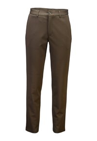 Bruine broek met een gladde textuur, aangesloten pasvorm, riemlussen, voorzakken en een enkele knoopsluiting in de taille.