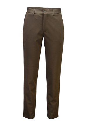 Bruine broek met een gladde textuur, aangesloten pasvorm, riemlussen, voorzakken en een enkele knoopsluiting in de taille.