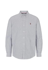Koszula w paski zapinana na guziki w kolorze niebieskim i białym, z kołnierzykiem, długimi rękawami i małym haftowanym logo na piersi. Gładka faktura materiału.