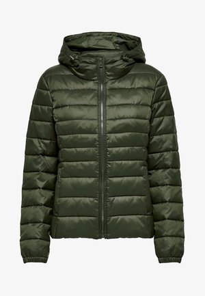 Padded hooded jacket in dark green, featuring a zip front, elastic cuffs, and horizontal quilted pattern for insulation.