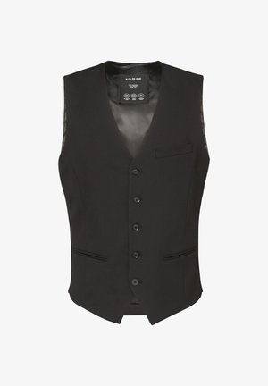 Zwarte vest van gladde stof, met een V-hals, zes knopen, twee voorzakken en een subtiele glans. Geen mouwen of kraag aanwezig.