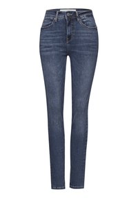 Jean skinny bleu foncé en denim, avec une taille haute, un léger effet délavé et un design à cinq poches avec fermeture éclair et bouton.