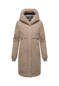 Beige lange pufferjas met een grote capuchon, voorzakken en een verborgen rits. Heeft ribgebreide manchetten en een gladde, waterafstotende afwerking.