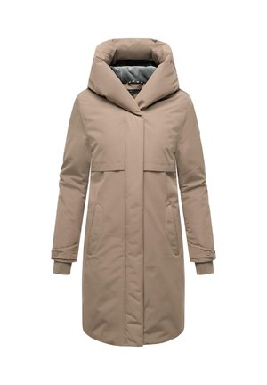 Beige lange pufferjas met een grote capuchon, voorzakken en een verborgen rits. Heeft ribgebreide manchetten en een gladde, waterafstotende afwerking.