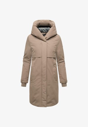 Beige langer Puffer-Mantel mit großer Kapuze, Fronttaschen und einem verdeckten Reißverschluss. Hat gerippte Bündchen und eine glatte, wasserabweisende Oberfläche.