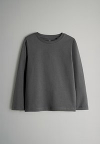 Grijze lange mouwen T-shirt van zachte stof, met een ronde halslijn en een rechte zoom, met een eenvoudig ontwerp en geen zichtbare patronen of accenten.