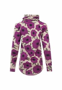 Beige-langärmliges Rollkragenoberteil mit großem lila Blumenmuster und olivgrünen Blättern, von hinten gezeigt.