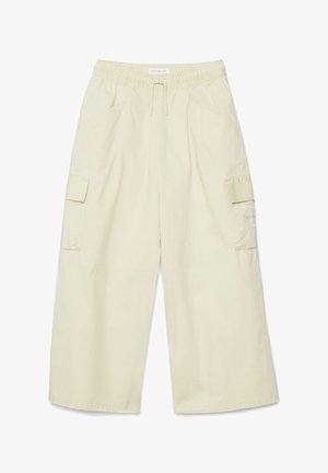 Helle beige Cargo-Hosen mit einem elastischen Bund, Kordelzug, Seitentaschen und einer Oberschenkeltasche mit Logo. Glattes, Baumwollmaterial.