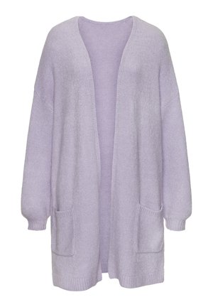 Lilafarbene offene Strickjacke aus weichem Material, mit langen Ärmeln, zwei Fronttaschen und gerippten Bündchen und Saum.