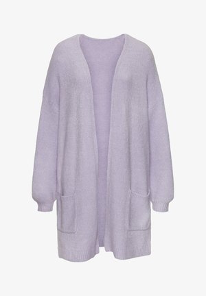 Lilafarbene offene Strickjacke aus weichem Material, mit langen Ärmeln, zwei Fronttaschen und gerippten Bündchen und Saum.