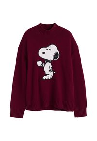 Burgunderfarbener Pullover mit geripptem Halsausschnitt und Bündchen, mit einem schwarz-weißen Snoopy-Graphic, der eine Tasse hält, aus gestricktem Material und in entspannter Passform.