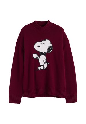 Burgunderfarbener Pullover mit geripptem Halsausschnitt und Bündchen, mit einem schwarz-weißen Snoopy-Graphic, der eine Tasse hält, aus gestricktem Material und in entspannter Passform.