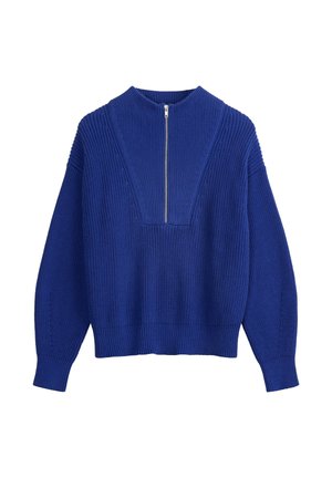 Blue knitted sweater with a high neck, short zipper, and loose sleeves. Features a textured rib pattern and a relaxed fit silhouette.