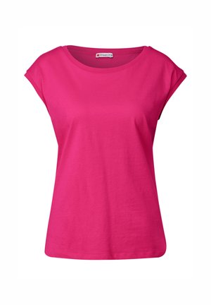 Fuchsia-pinkes T-Shirt mit kurzen Ärmeln, rundem Halsausschnitt und glattem Baumwollmaterial. Verfügt über ein Etikett mit dem Branding "Street One" innen.
