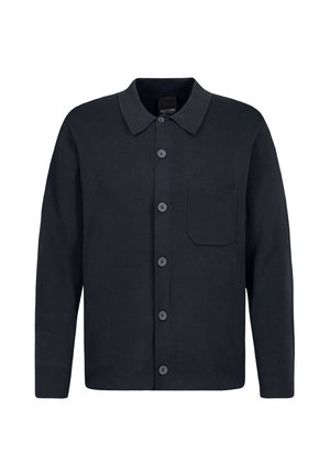 Black long-sleeve button-up cardigan with collar and chest pocket, made of knit fabric, displayed on a white background.