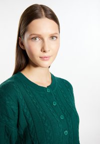 Cardigan lavorato a maglia verde con motivo a treccia, colletto rotondo e sei bottoni abbinati sul davanti. Texture morbida e design aderente.
