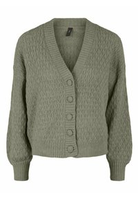 Neulecardigan oliivinvihreänä, V-pääntiellä, kuudella pyöreällä napilla, ribbireunuksilla ja teksturoitua kuvioita kankaassa.