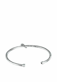Bracciale in argento a fascetta intrecciata con dettaglio annodato; presenta estremità lisce e arrotondate.