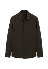 Dark brown long-sleeve shirt made of smooth fabric, featuring a button-down front, folded collar, and a chest pocket on the left.