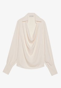Langermet bluse med cowl-hals i lys kremfarge, med en avslappet passform, rullede mansjetter og sømløs drapering i halsen.