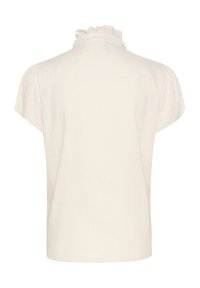Lichtbeige blouse met korte pofmouwen en een gerimpelde kraag. Glad stoftextuur. Eenvoudig, onversierd ontwerp. Achteraanzicht weergegeven.