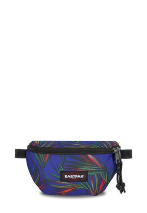 Midjeväska i lila tyg med ett grönt och rött bladmönster, dragkedjestängning, justerbar svart rem och Eastpak-logga.