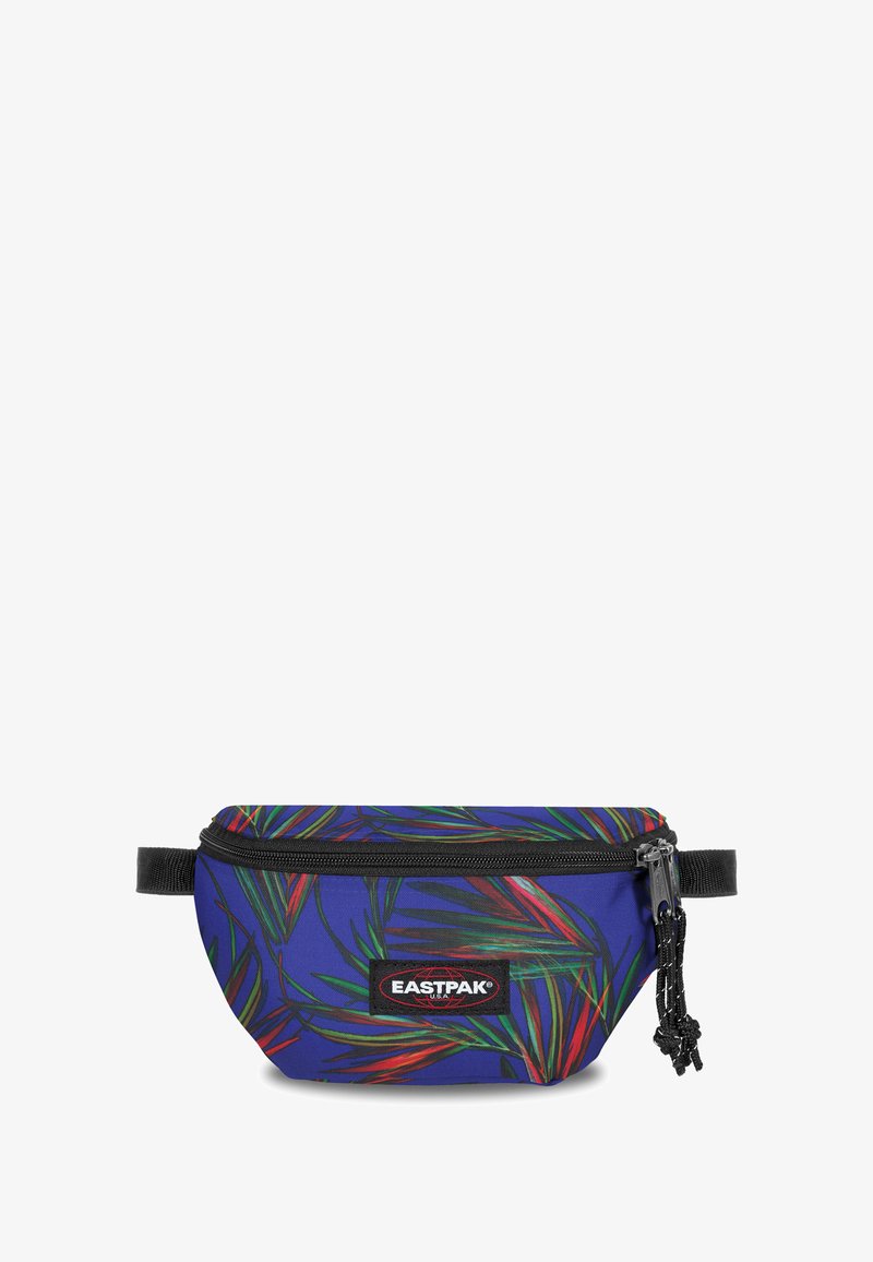 Ledvinka z fialové tkaniny s motivem zelených a červených listů, se zipovým uzávěrem, nastavitelným černým popruhem a logem Eastpak.