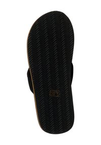 Sole in gomma nera per infradito con texture ondulata, forma arrotondata e un accento arancione lungo il bordo. Presente un dettaglio del logo impresso.