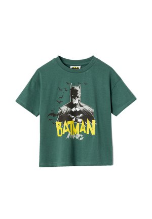 Green short-sleeve T-shirt with black and white Batman graphic, flying bats, and bold yellow "BATMAN" text on front.