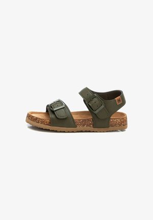 Sandalo verde in pelle con cinturini regolabili, chiusure a fibbia, soletta in sughero e suola in gomma. Superficie testurizzata e design aperto.