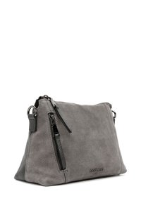 Suede gray handbag with a triangular shape, featuring a zipper closure, external zip pocket, and a logo accent along the side.