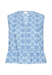 Blouse sans manches bleu clair avec motifs floraux circulaires bleus et étoiles, boutons sur le devant et ourlet à volants.