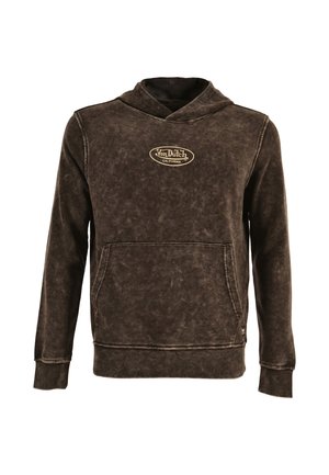 Sudadera con capucha de color marrón oscuro desgastado, con bolsillo delantero y el logo "Von Dutch California" centrado en el pecho.