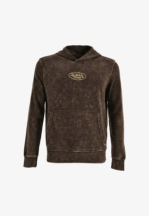 Sudadera con capucha de color marrón oscuro desgastado, con bolsillo delantero y el logo "Von Dutch California" centrado en el pecho.