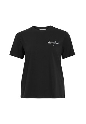 T-shirt noir en coton à manches courtes et col rond. Présente un texte brodé blanc "bonjour" sur la poitrine gauche.