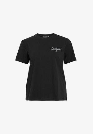 Crna pamučna majica kratkih rukava s okruglim izrezom. Sadrži bijeli izvezeni natpis "bonjour" na lijevoj strani prsnog koša.