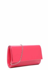 Pink patent leather clutch purse with a rectangular shape, smooth texture, and a silver chain strap. Features a fold-over flap closure.