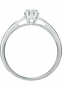 Weißgoldring mit einem runden Diamantzentrum, schlankem Band und erhöhter Fassung, die ein modernes Design zur Geltung bringt.