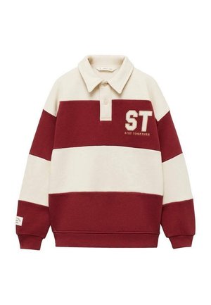 Koszulka rugby z długim rękawem w szerokie poziome kremowe i bordowe paski, kołnierzykiem, listwą na guziki oraz napisem "ST Stay Together" na piersi.