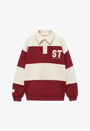 Camiseta de rugby de manga larga con anchas franjas horizontales en crema y granate, cuello, tapeta con botones y texto "ST Stay Together" en el pecho.