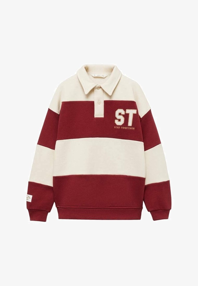 Koszulka rugby z długim rękawem w szerokie poziome kremowe i bordowe paski, kołnierzykiem, listwą na guziki oraz napisem "ST Stay Together" na piersi.