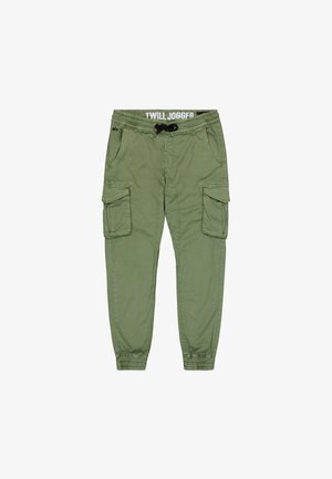 Olijfgroene twill joggers met elastische boorden, een trekkoord in de taille en meerdere cargopockets voor extra opbergruimte. Gladde, duurzaam stof.