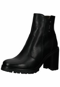 Stivaletti in pelle nera con tacco chunky, caratterizzati da una superficie liscia, cuciture decorative sui lati e una suola robusta con battistrada.