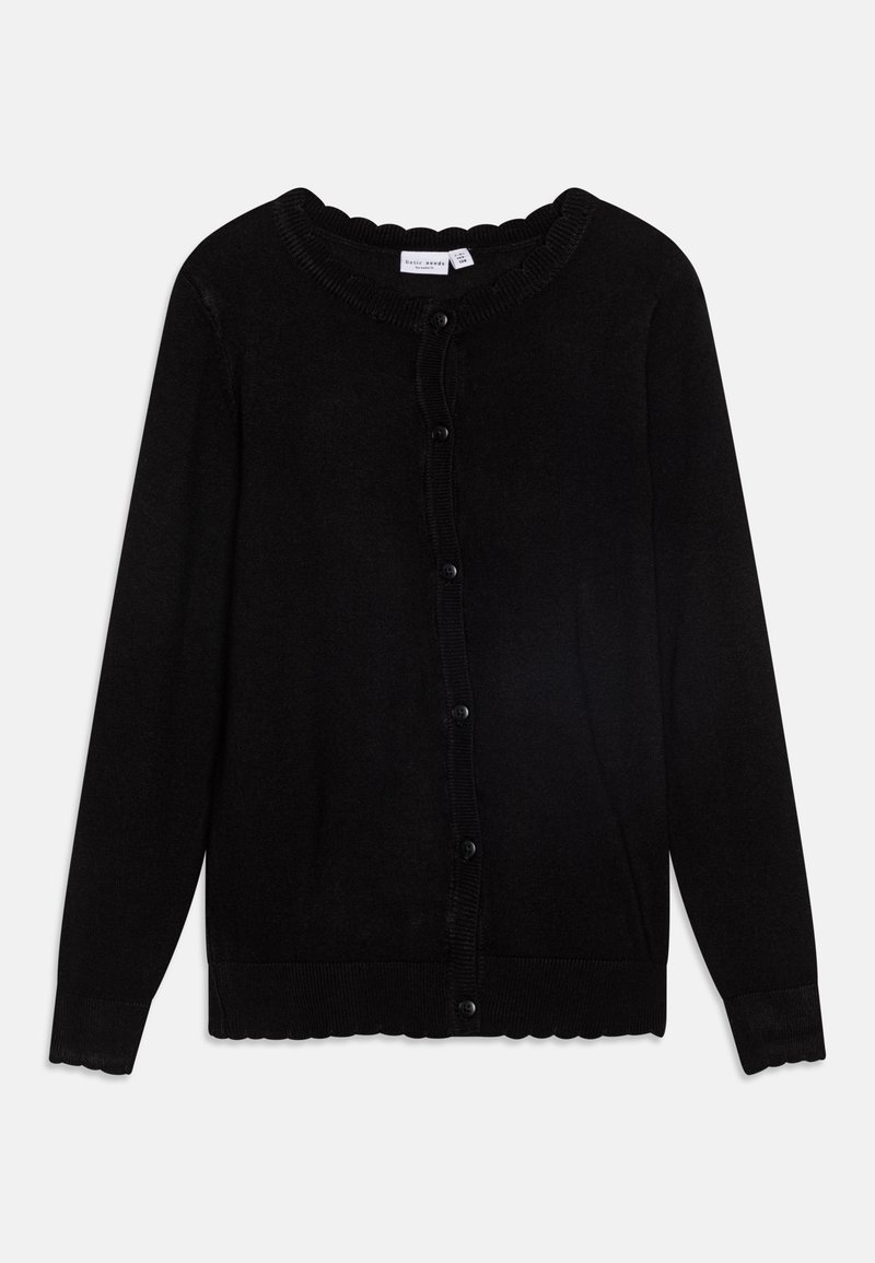Svart cardigan laget av mykt materiale med rund scallop-hals, frontknapper og ribbestrikkede mansjetter og hem.