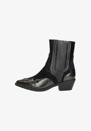Leather ankle boot with a pointed toe, black suede upper, and metallic snakeskin detail on the toe and heel. Stacked heel with vertical pleats.