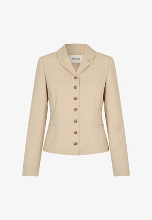 Beige blazer with a tailored fit, featuring a notched collar, six gold-tone buttons, and two side pockets. Textured fabric.