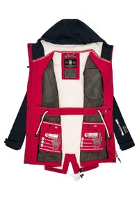 Chaqueta impermeable roja y azul marino con forro de forro polar, cierres con cremallera y a presión, bolsillos internos y cintura con cordón; cuenta con etiquetas de marca.