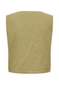 Majica bez rukava u boji khaki, izrađena od teksturiranog materijala s blagim rebrastim uzorkom, s okruglim izrezom i ravnim rubom.