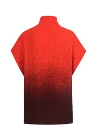 Red knitted poncho with high collar, featuring a gradient from bright red to dark burgundy, and a textured cable design throughout.