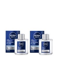 NIVEA Men Hydrocare After Shave Fluid in klaren Glasflaschen, quadratische Form mit blauen Verschlüssen, präsentiert in einer blauen Schachtel mit weißem Text.